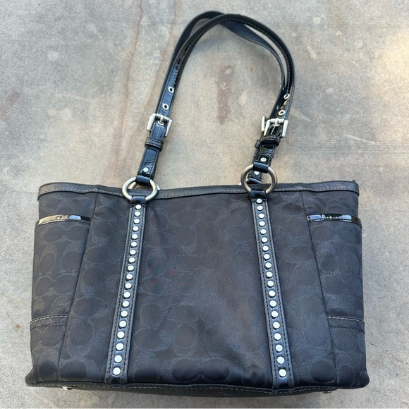 Coach Black Lurex Jacquard Signature C Studded Tote Shoulder Handbag F12853 READ - Picture 3 of 11